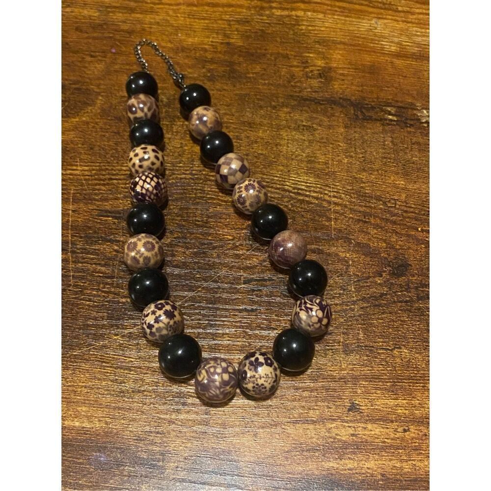 Boho Tribal Wood & Black Bead Statement Necklace Adjustable Chain Earth Tones 22